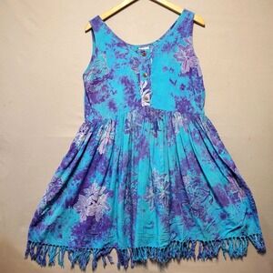 VTG 90s Bali Batiks Dress Womens Small Blue Purple Batik Fringe Festival Beach